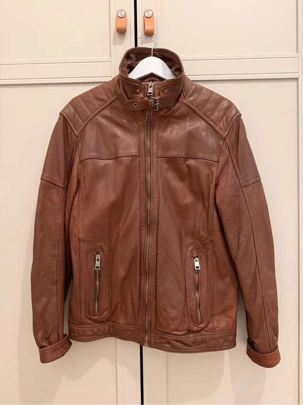 Vintage Brown Leather Jacket with Stand Collar